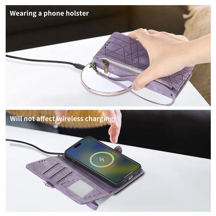 For HMD Pulse Pro Zipper Wallet Case Geometry Lines Leather Phone Cover with Strap - Light Purple - 7