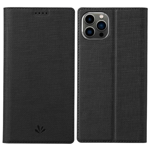 VILI DMX Series PU Leather Case for iPhone 14 Pro Max, Magnetic Absorption Stand Card Slot Flip Cover - Black - 1