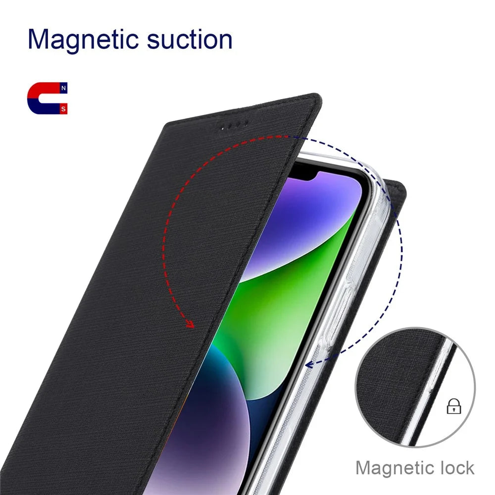 VILI DMX Series for iPhone 14 PU Leather Stand Card Slot Case Magnetic Auto Closing Shockproof Flip Folio Cover - Black - 7