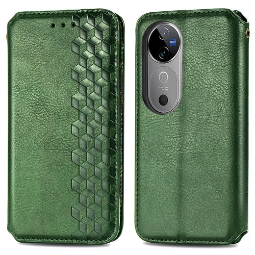 For vivo V40 5G PU Leather Case Rhombus Imprint Wallet Stand Phone Cover - Green - 1