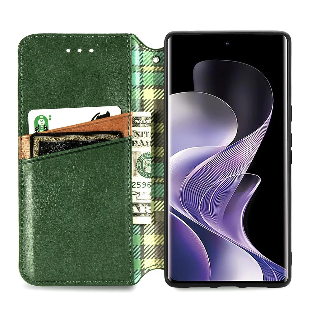 For vivo V40 5G PU Leather Case Rhombus Imprint Wallet Stand Phone Cover - Green - 2