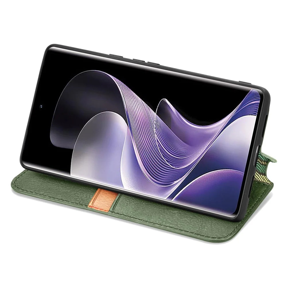 For vivo V40 5G PU Leather Case Rhombus Imprint Wallet Stand Phone Cover - Green - 3