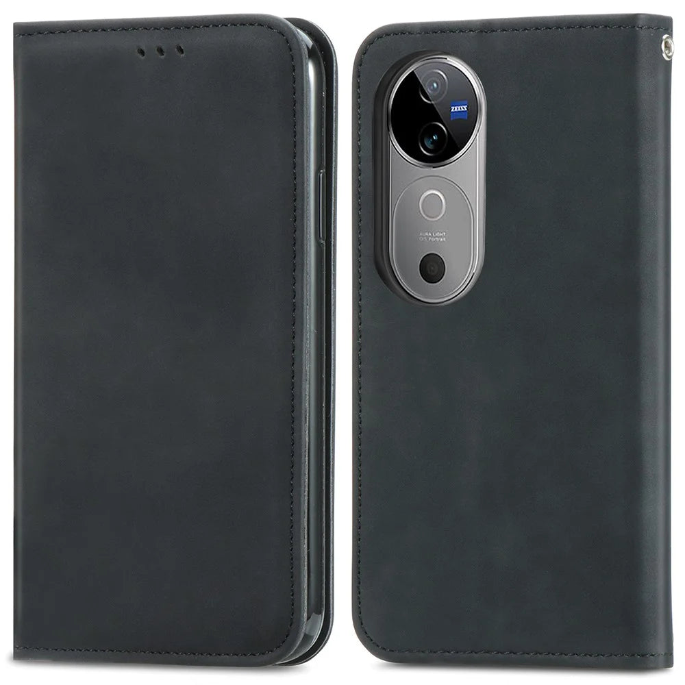 For vivo V40 5G Leather Case with Card Holder Magnetic Absorption Phone Cover - Black - 1