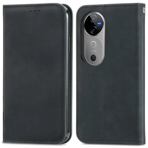 For vivo V40 5G Leather Case with Card Holder Magnetic Absorption Phone Cover - Black - 1