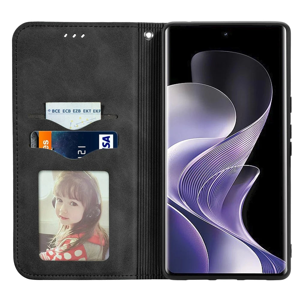 For vivo V40 5G Leather Case with Card Holder Magnetic Absorption Phone Cover - Black - 2