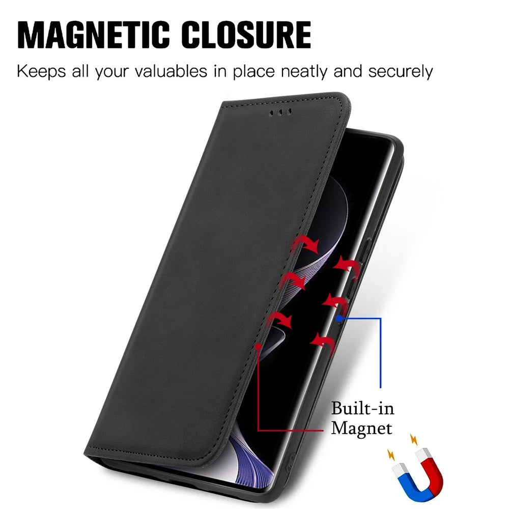For vivo V40 5G Leather Case with Card Holder Magnetic Absorption Phone Cover - Black - 4