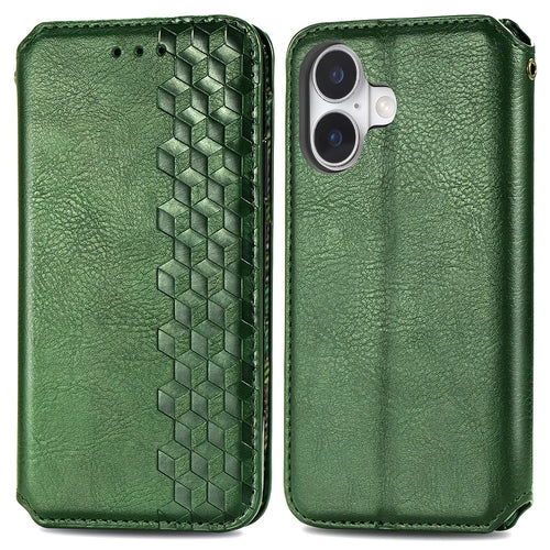 For iPhone 16 Plus PU Leather Case Rhombus Imprint Wallet Stand Phone Cover - Green - 1