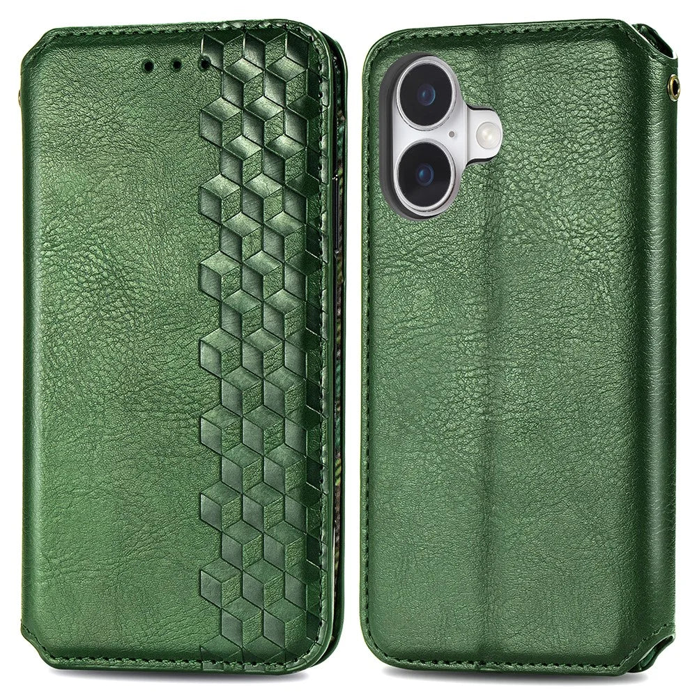 For iPhone 16 Plus PU Leather Case Rhombus Imprint Wallet Stand Phone Cover - Green - 1