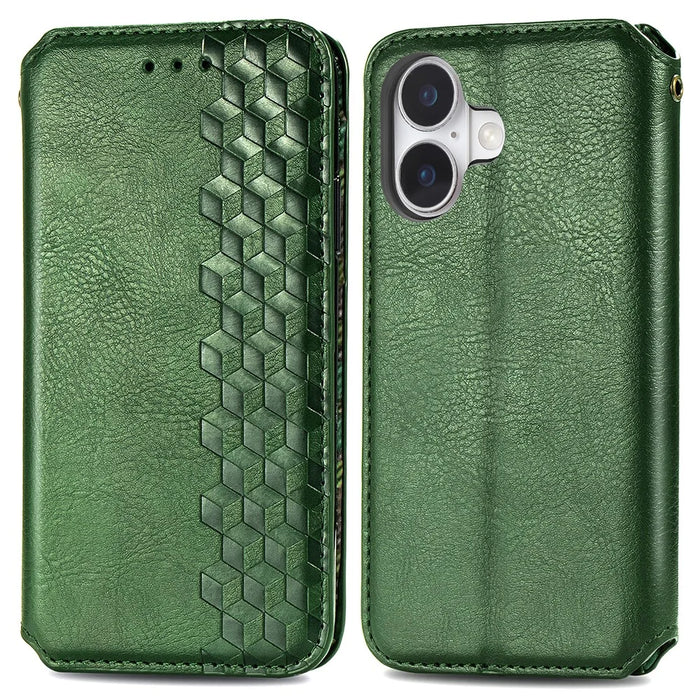 For iPhone 16 Plus PU Leather Case Rhombus Imprint Wallet Stand Phone Cover - Green - 1