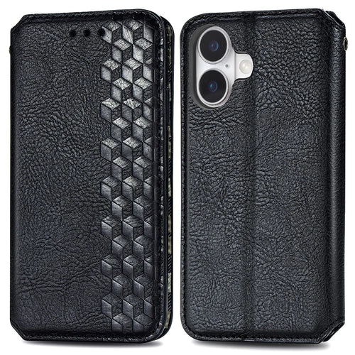 For iPhone 16 PU Leather Case Rhombus Imprint Wallet Stand Phone Cover - Black - 1
