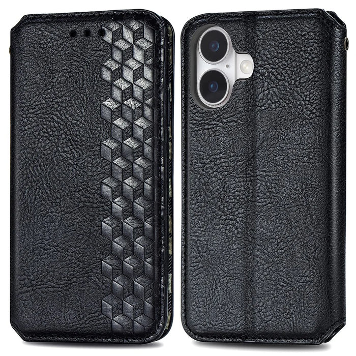 For iPhone 16 PU Leather Case Rhombus Imprint Wallet Stand Phone Cover - Black - 1