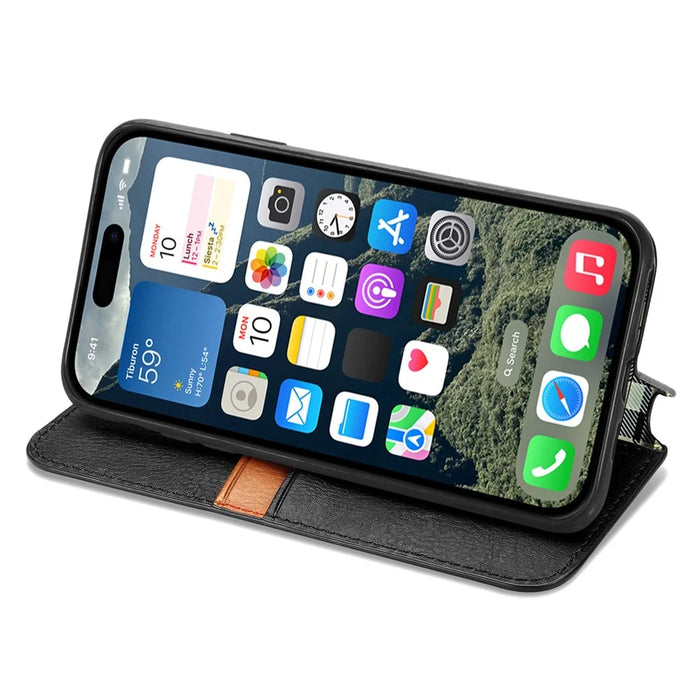 For iPhone 16 PU Leather Case Rhombus Imprint Wallet Stand Phone Cover - Black - 3