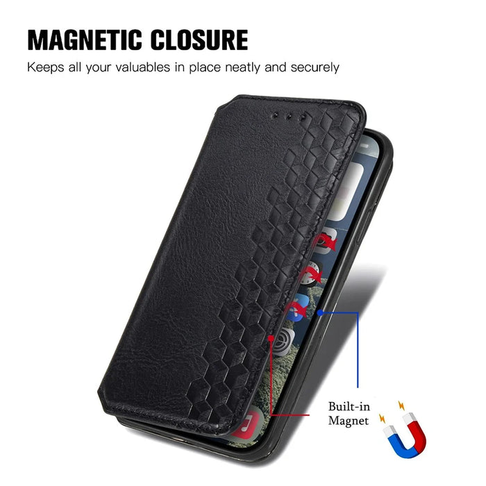 For iPhone 16 PU Leather Case Rhombus Imprint Wallet Stand Phone Cover - Black - 4