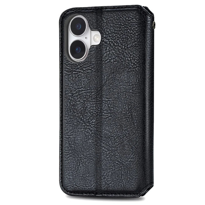 For iPhone 16 PU Leather Case Rhombus Imprint Wallet Stand Phone Cover - Black - 6