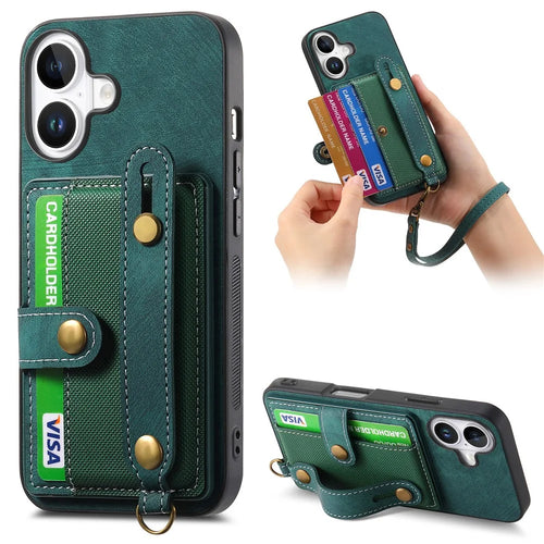 For iPhone 16 Case Wristband Kickstand PU Leather Retro Back Cover Card Holder - Green - 1