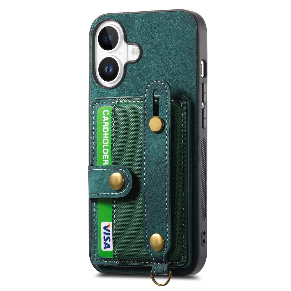 For iPhone 16 Case Wristband Kickstand PU Leather Retro Back Cover Card Holder - Green - 2
