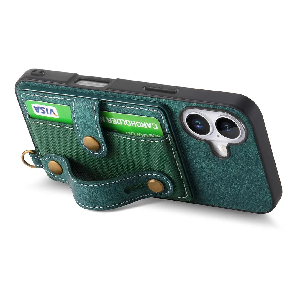 For iPhone 16 Case Wristband Kickstand PU Leather Retro Back Cover Card Holder - Green - 3