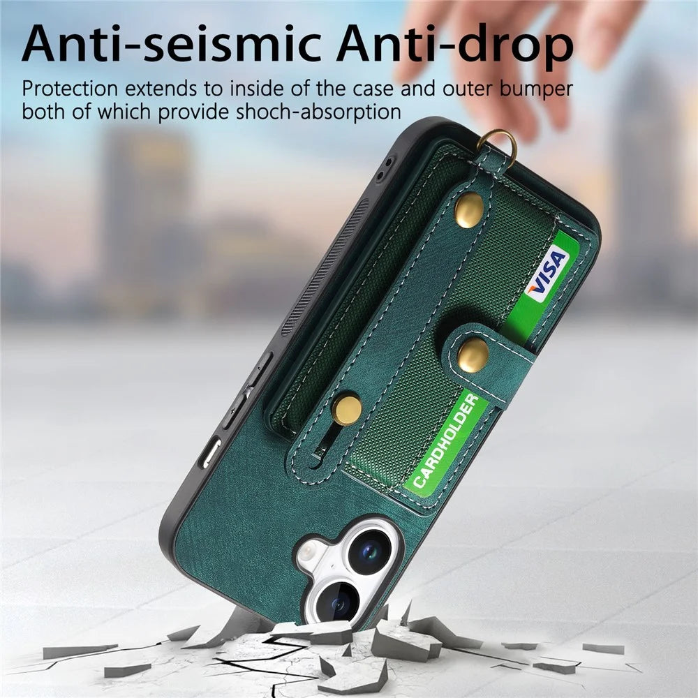 For iPhone 16 Case Wristband Kickstand PU Leather Retro Back Cover Card Holder - Green - 4