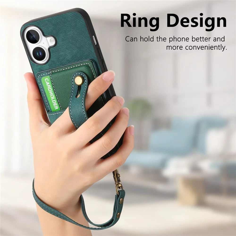 For iPhone 16 Case Wristband Kickstand PU Leather Retro Back Cover Card Holder - Green - 5