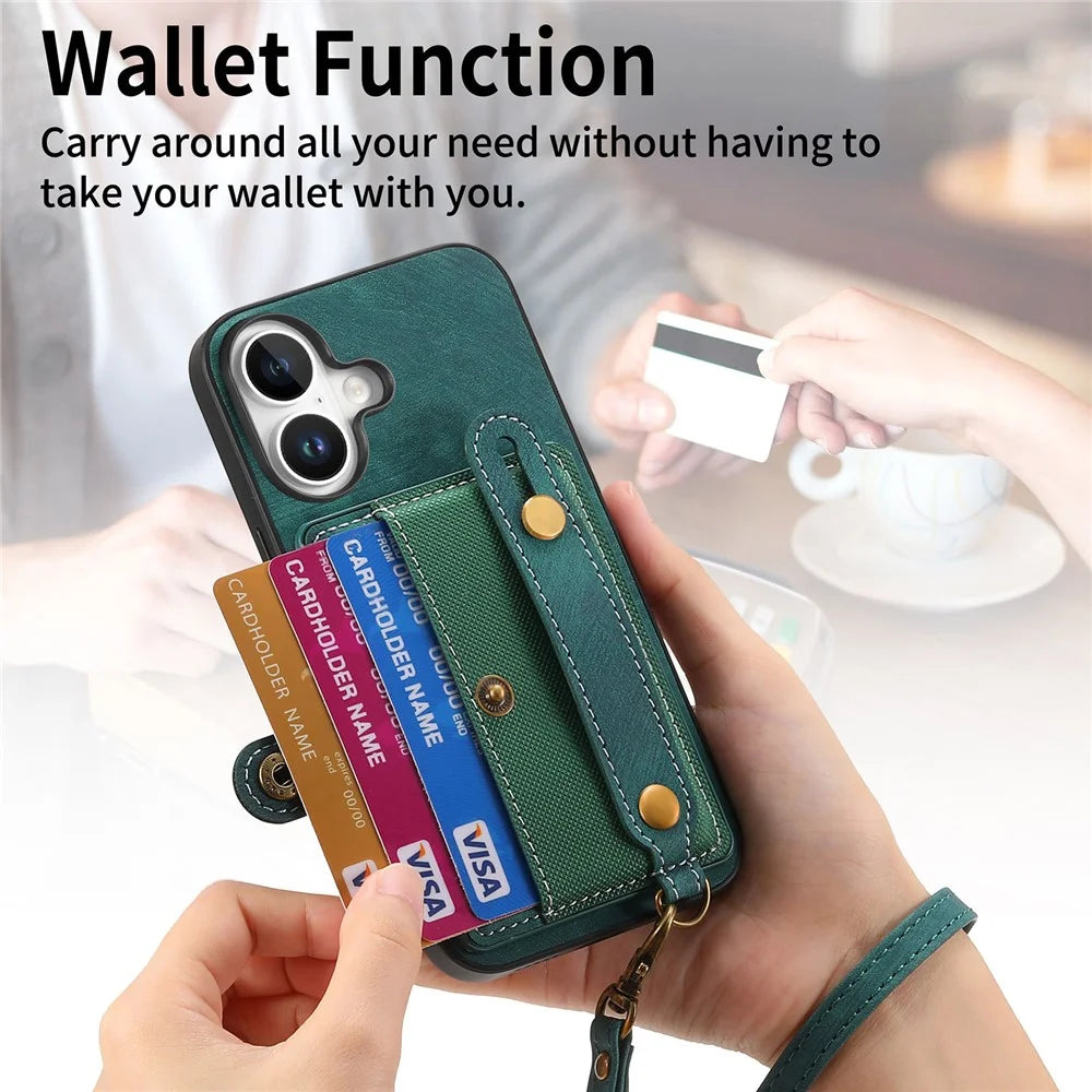 For iPhone 16 Case Wristband Kickstand PU Leather Retro Back Cover Card Holder - Green - 6