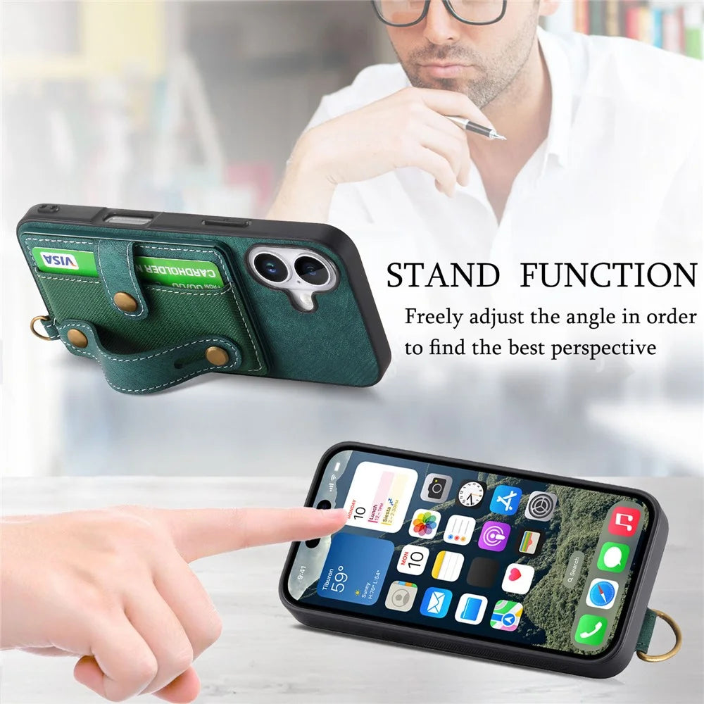 For iPhone 16 Case Wristband Kickstand PU Leather Retro Back Cover Card Holder - Green - 7