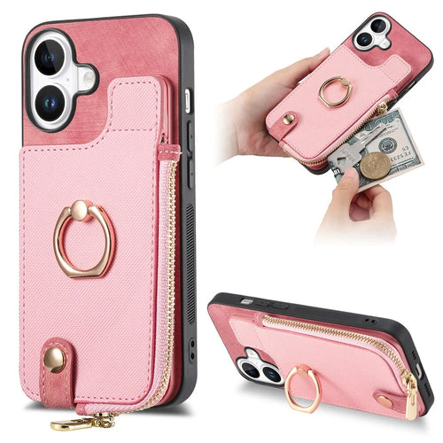 For iPhone 16 Case Zipper Pocket Kickstand Leather Phone Back Cover - Pink - 1