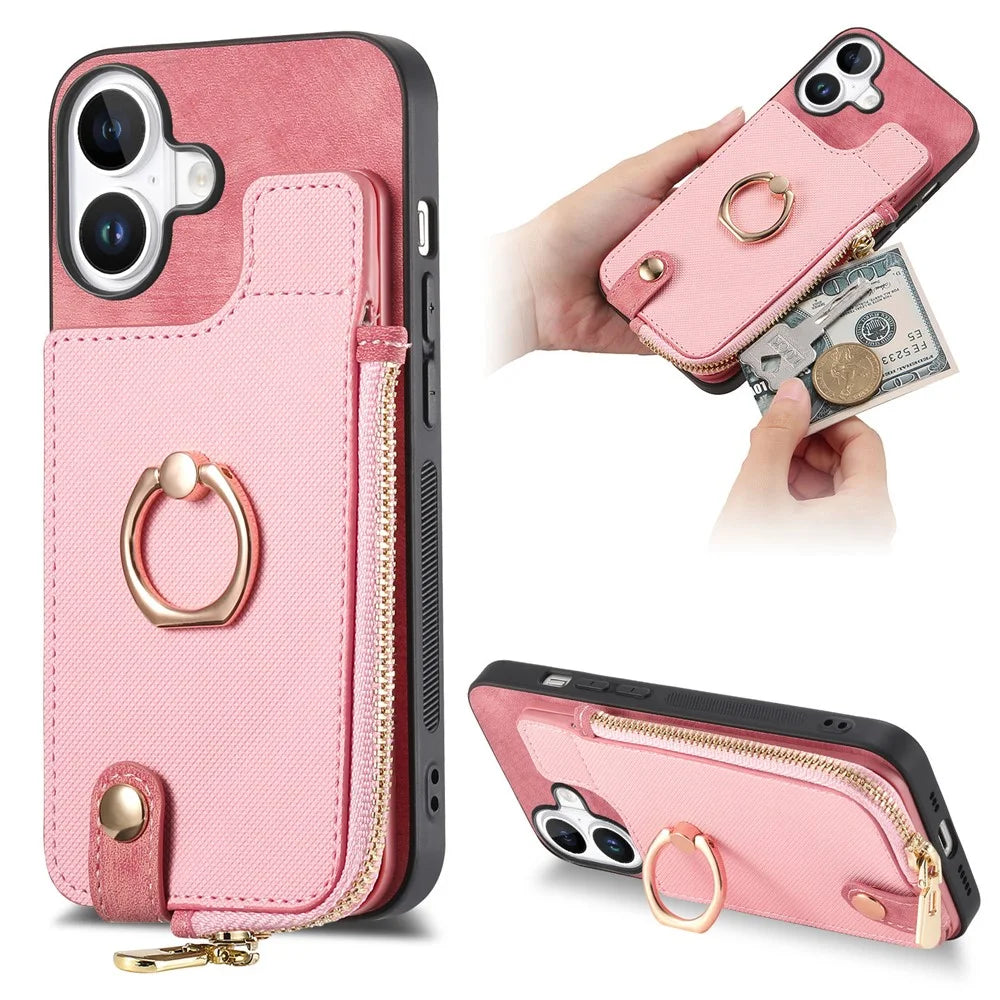 For iPhone 16 Case Zipper Pocket Kickstand Leather Phone Back Cover - Pink - 1