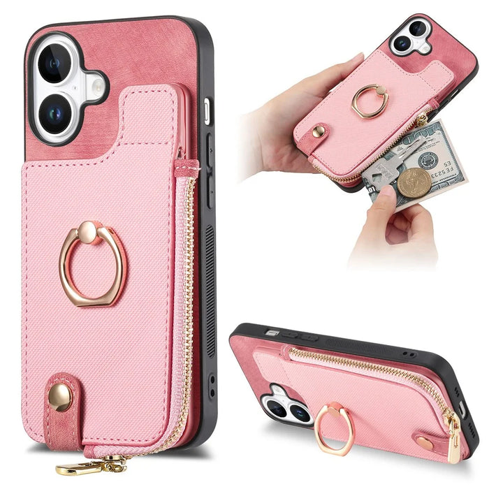For iPhone 16 Case Zipper Pocket Kickstand Leather Phone Back Cover - Pink - 1