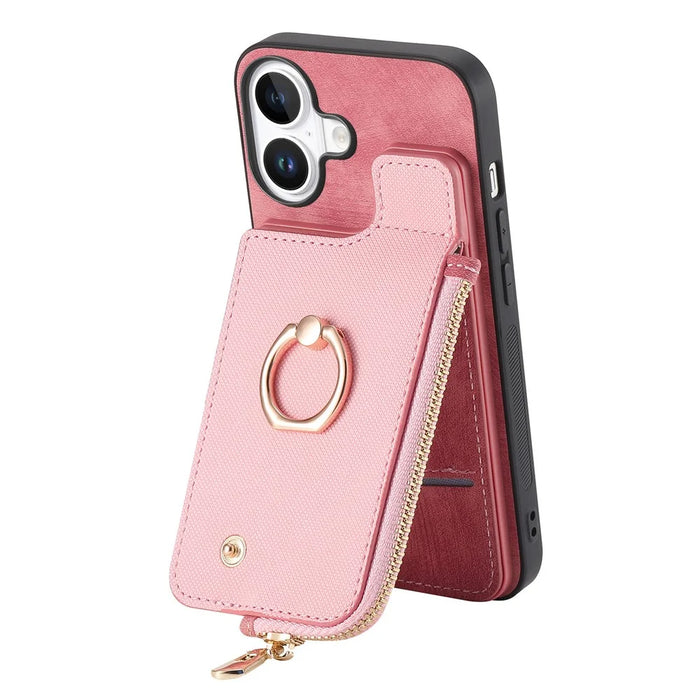 For iPhone 16 Case Zipper Pocket Kickstand Leather Phone Back Cover - Pink - 2