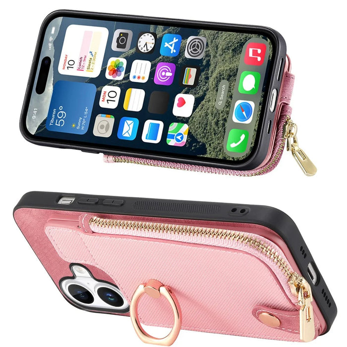 For iPhone 16 Case Zipper Pocket Kickstand Leather Phone Back Cover - Pink - 3