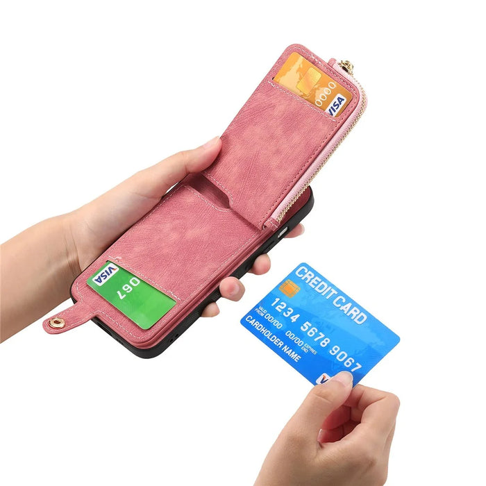 For iPhone 16 Case Zipper Pocket Kickstand Leather Phone Back Cover - Pink - 4