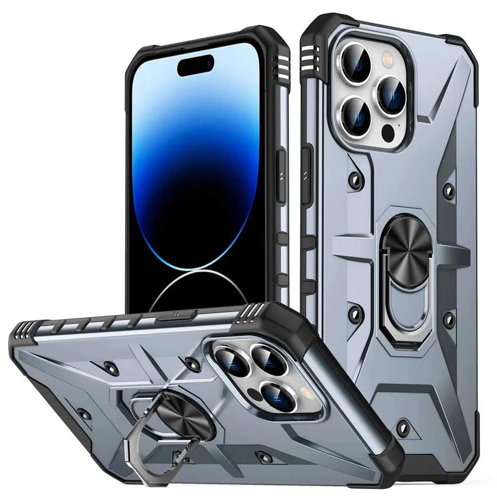 For iPhone 14 Pro Max Armor Case Hard PC Soft TPU Impact-Resistant Protective Cover with Ring Kickstand - Grey - 1