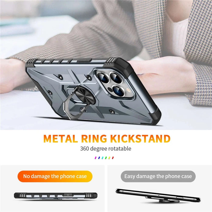 For iPhone 14 Pro Max Armor Case Hard PC Soft TPU Impact-Resistant Protective Cover with Ring Kickstand - Grey - 2