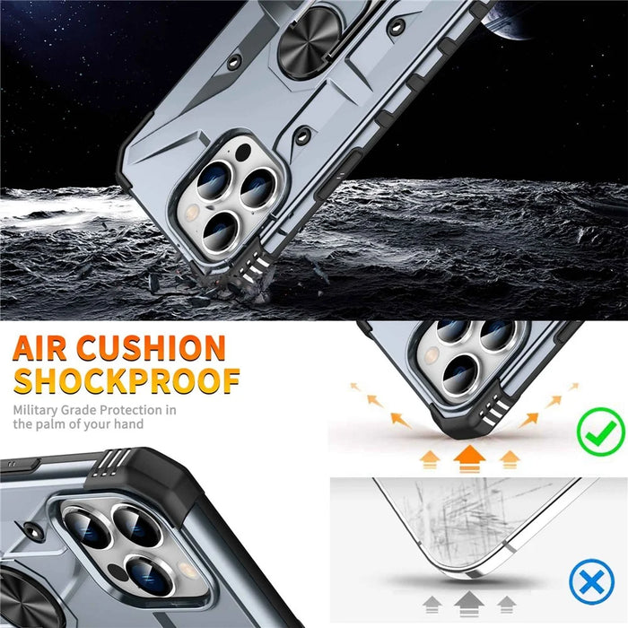 For iPhone 14 Pro Max Armor Case Hard PC Soft TPU Impact-Resistant Protective Cover with Ring Kickstand - Grey - 4