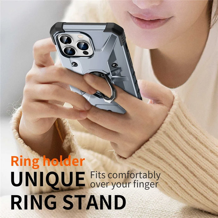 For iPhone 14 Pro Max Armor Case Hard PC Soft TPU Impact-Resistant Protective Cover with Ring Kickstand - Grey - 6