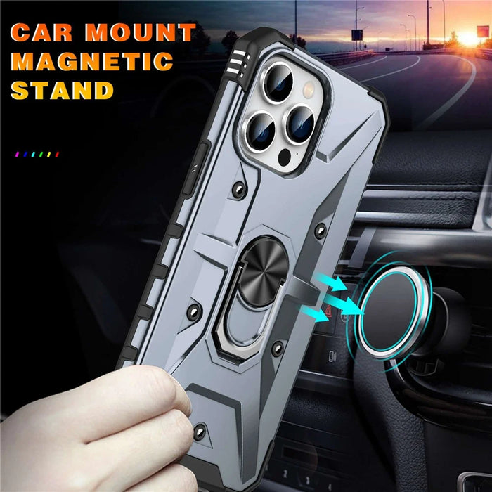 For iPhone 14 Pro Max Armor Case Hard PC Soft TPU Impact-Resistant Protective Cover with Ring Kickstand - Grey - 7