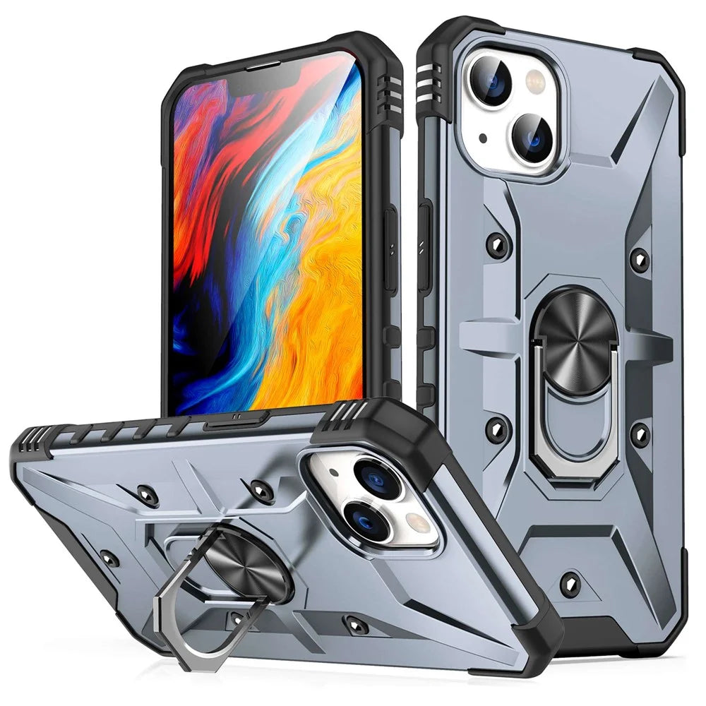 For iPhone 14 Ring Holder Kickstand Case Hard PC Soft TPU Military Grade Shockproof Car Mount Cover - Grey - 1