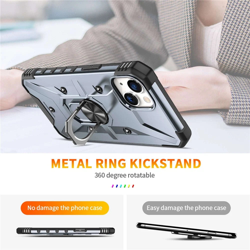 For iPhone 14 Ring Holder Kickstand Case Hard PC Soft TPU Military Grade Shockproof Car Mount Cover - Grey - 2