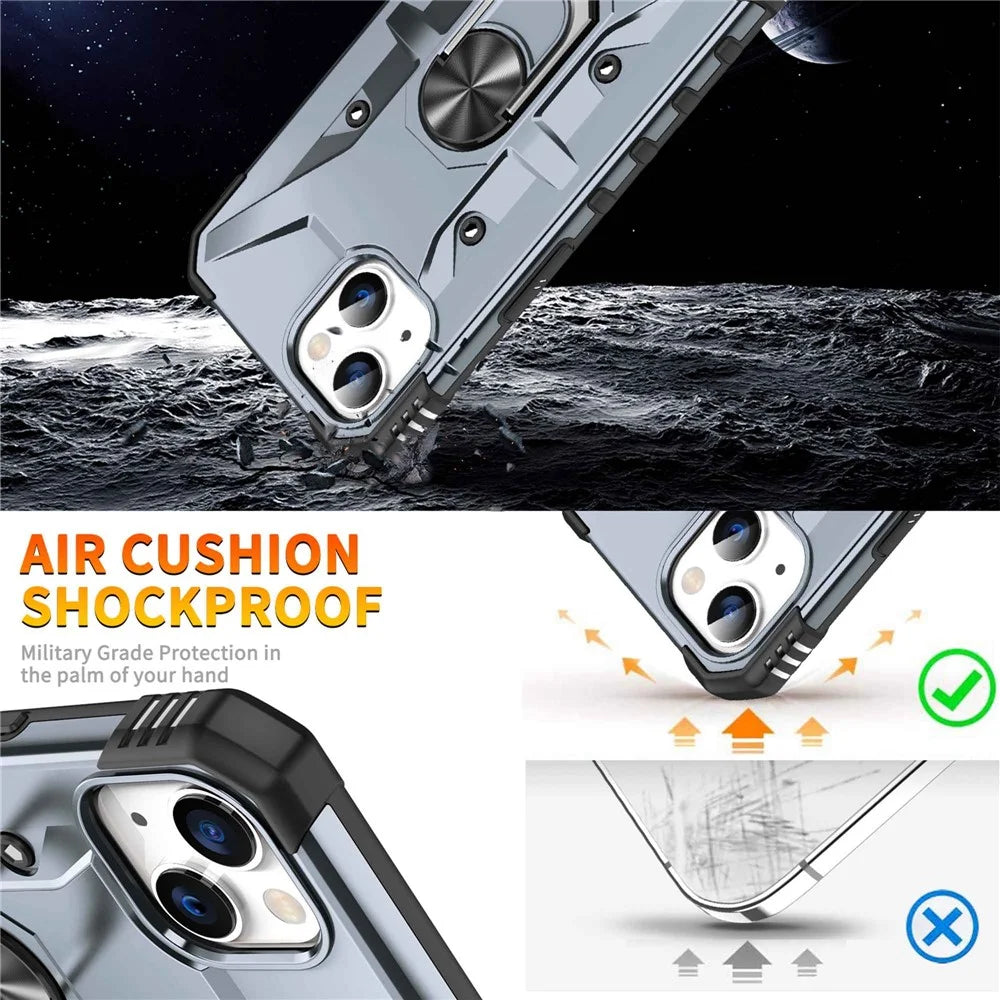 For iPhone 14 Ring Holder Kickstand Case Hard PC Soft TPU Military Grade Shockproof Car Mount Cover - Grey - 4