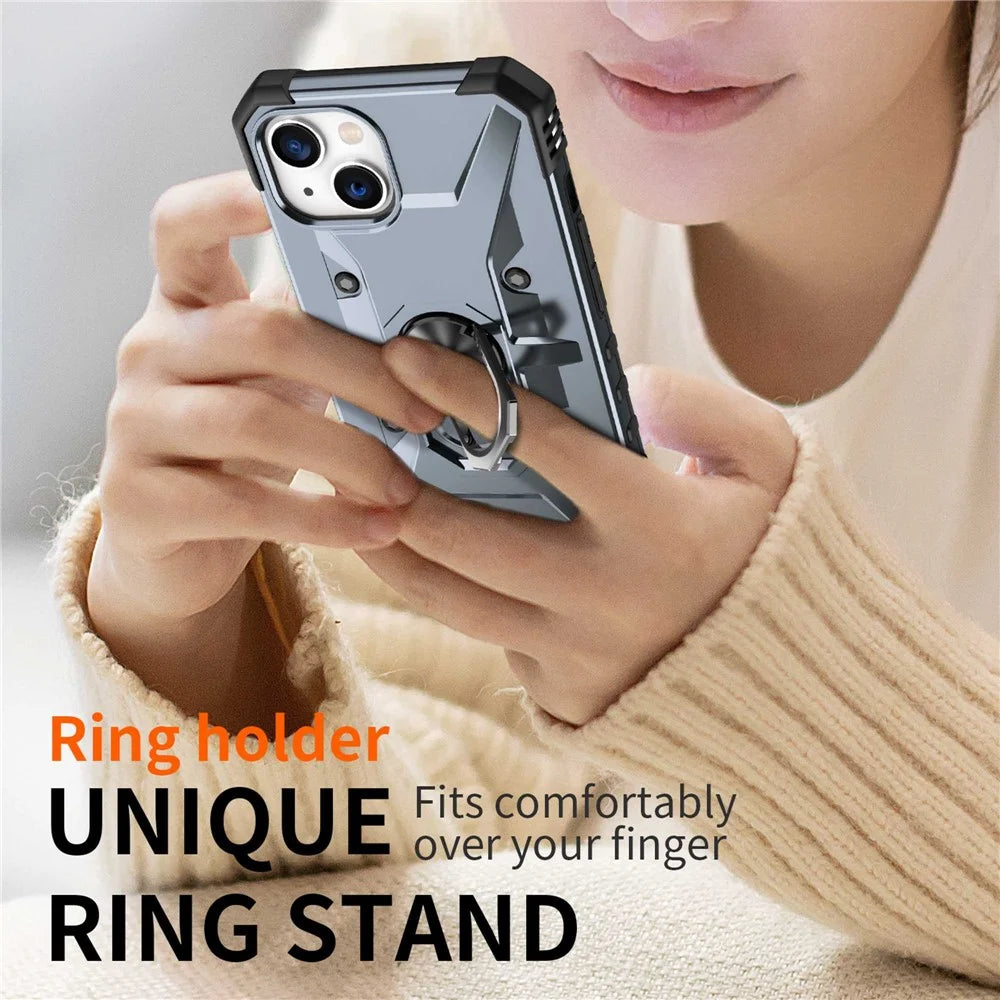 For iPhone 14 Ring Holder Kickstand Case Hard PC Soft TPU Military Grade Shockproof Car Mount Cover - Grey - 6
