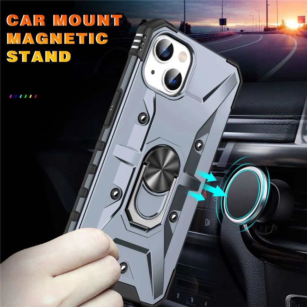 For iPhone 14 Ring Holder Kickstand Case Hard PC Soft TPU Military Grade Shockproof Car Mount Cover - Grey - 7