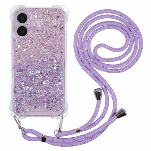 For iPhone 16 Plus Case Reinforced Corner TPU+Acrylic Dual Color Phone Cover with Strap - Pink+Purple - 1
