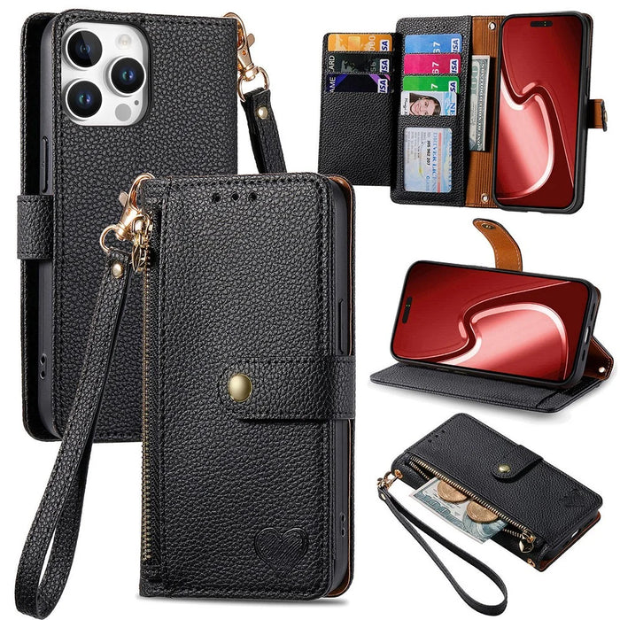 For iPhone 16 Pro Max Case RFID Blocking Zipper Pocket Leather Wallet Phone Cover with Strap - Black - 1