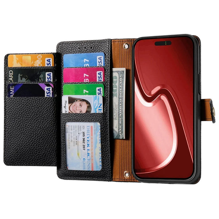 For iPhone 16 Pro Max Case RFID Blocking Zipper Pocket Leather Wallet Phone Cover with Strap - Black - 2