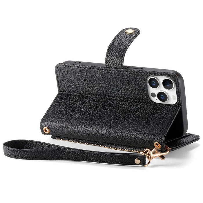 For iPhone 16 Pro Max Case RFID Blocking Zipper Pocket Leather Wallet Phone Cover with Strap - Black - 3
