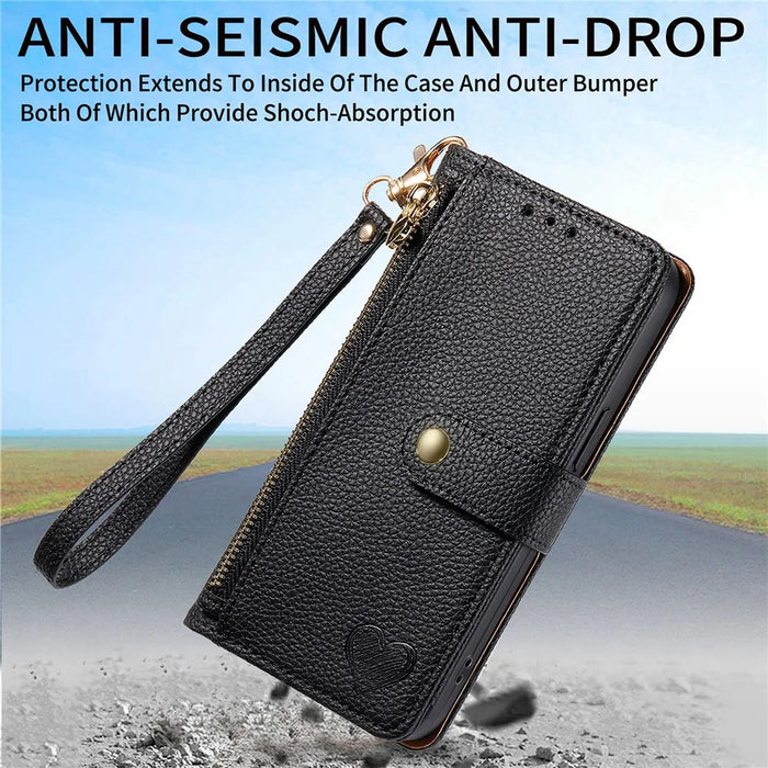 For iPhone 16 Pro Max Case RFID Blocking Zipper Pocket Leather Wallet Phone Cover with Strap - Black - 5