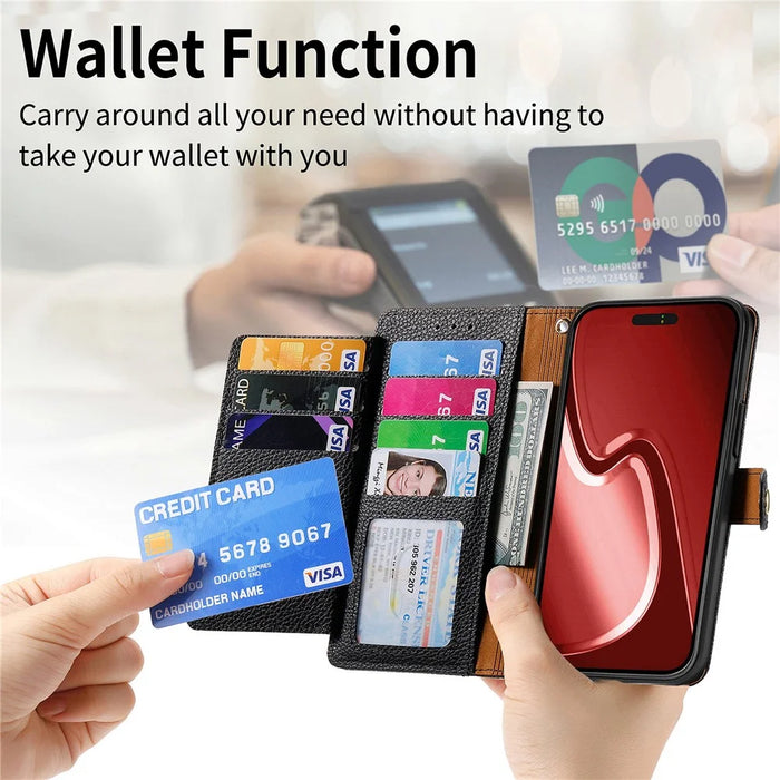 For iPhone 16 Pro Max Case RFID Blocking Zipper Pocket Leather Wallet Phone Cover with Strap - Black - 7