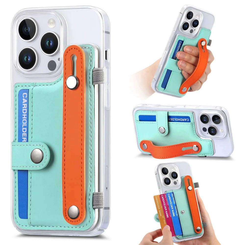 CY1 For iPhone 16 Pro Case Card Slot Wristband Kickstand Leather+PC Phone Cover - Mint Green - 1