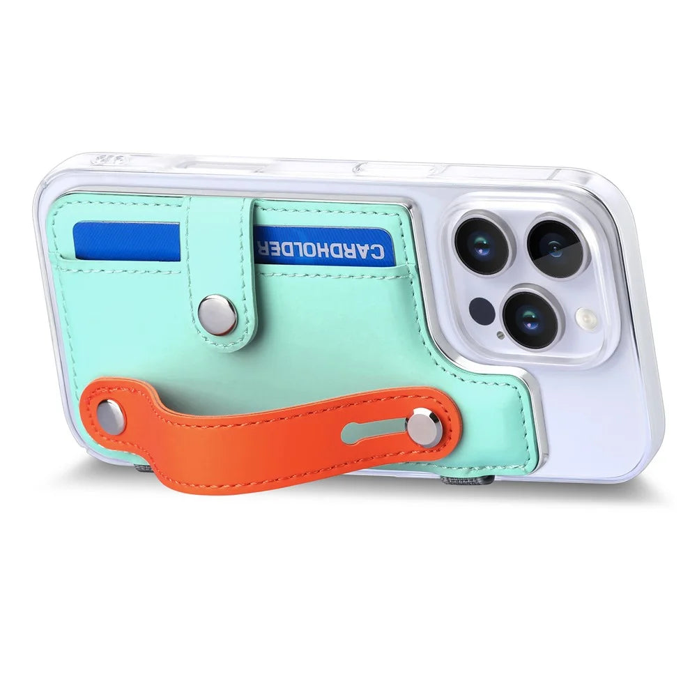 CY1 For iPhone 16 Pro Case Card Slot Wristband Kickstand Leather+PC Phone Cover - Mint Green - 3