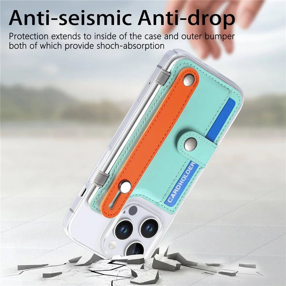 CY1 For iPhone 16 Pro Case Card Slot Wristband Kickstand Leather+PC Phone Cover - Mint Green - 4